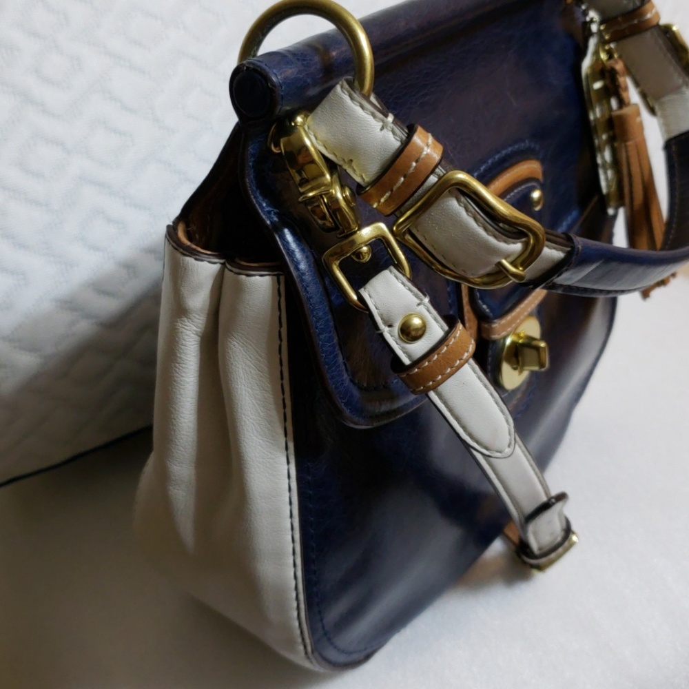 Coach Navy Blue, White & Tan Leather Crossbody Bag with Tassel - Picture 6 of 7